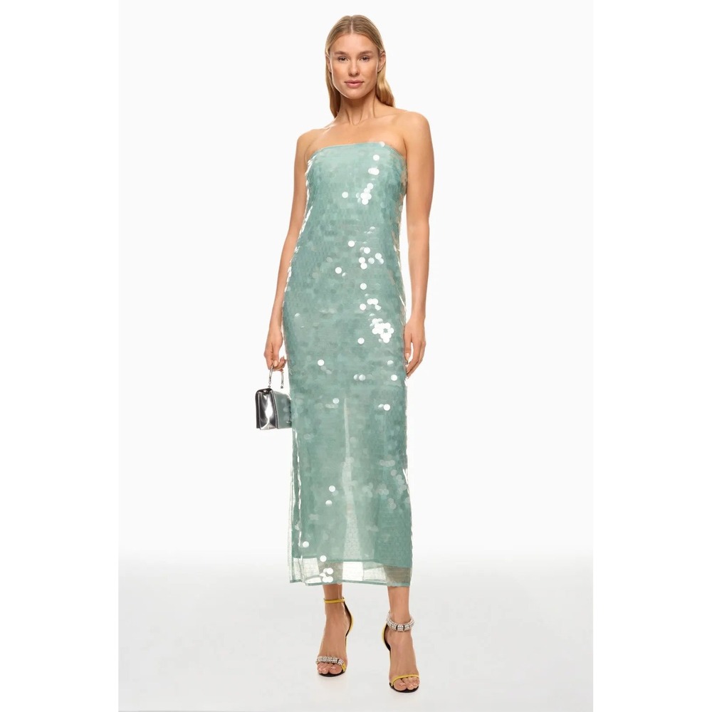 STAUD Casey Dress Seafoam Green Sequin Strapless Column Midi Dress Size 2